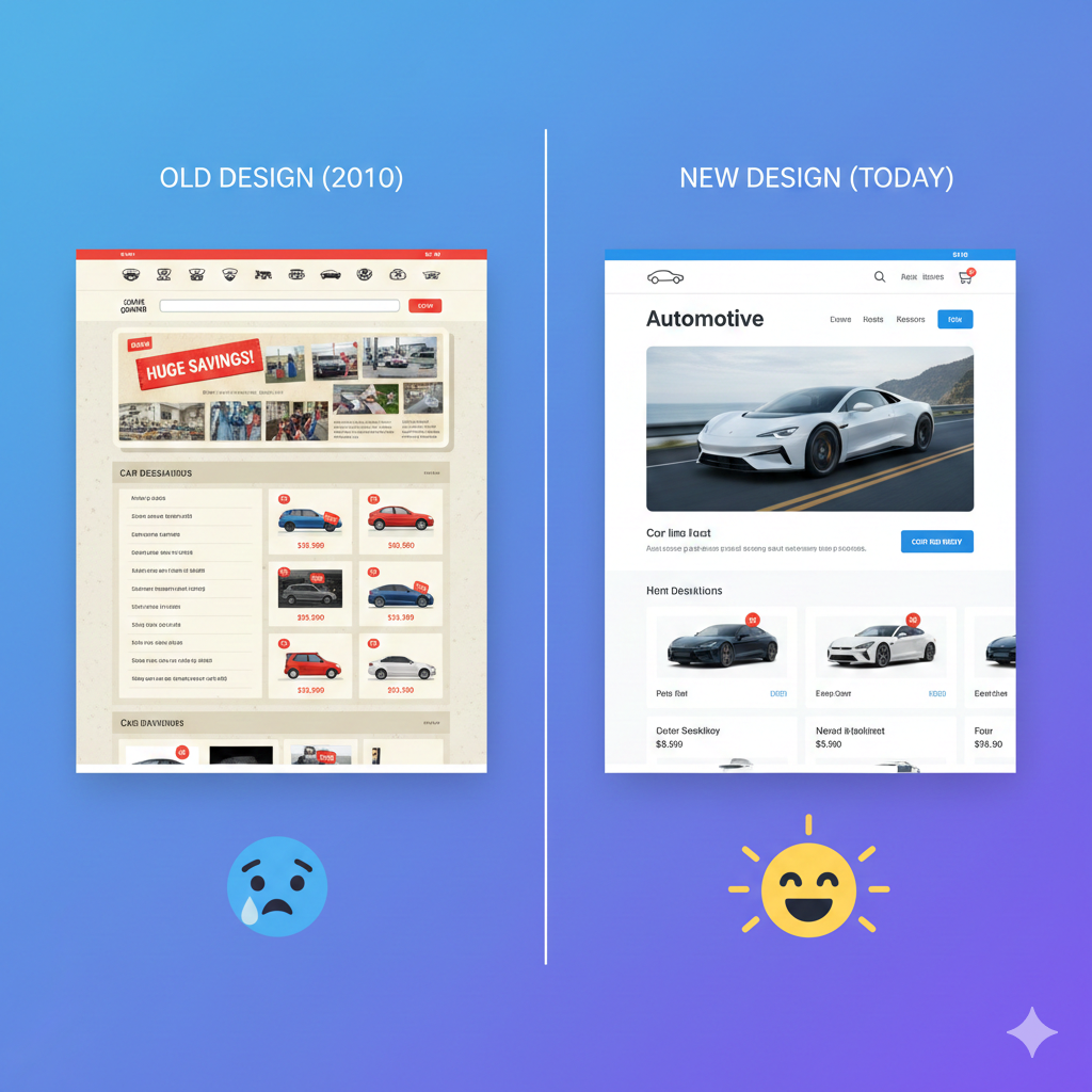 Veraltete Autohaus-Website auf dem Bildschirm mit traurigem Emoji