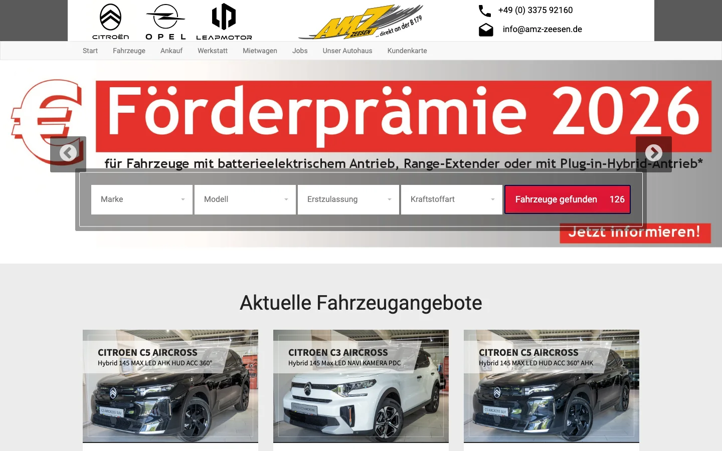 Startseite von AMZ Zeesen mit Opel- und Citroën-Angeboten sowie Fahrzeugbestand