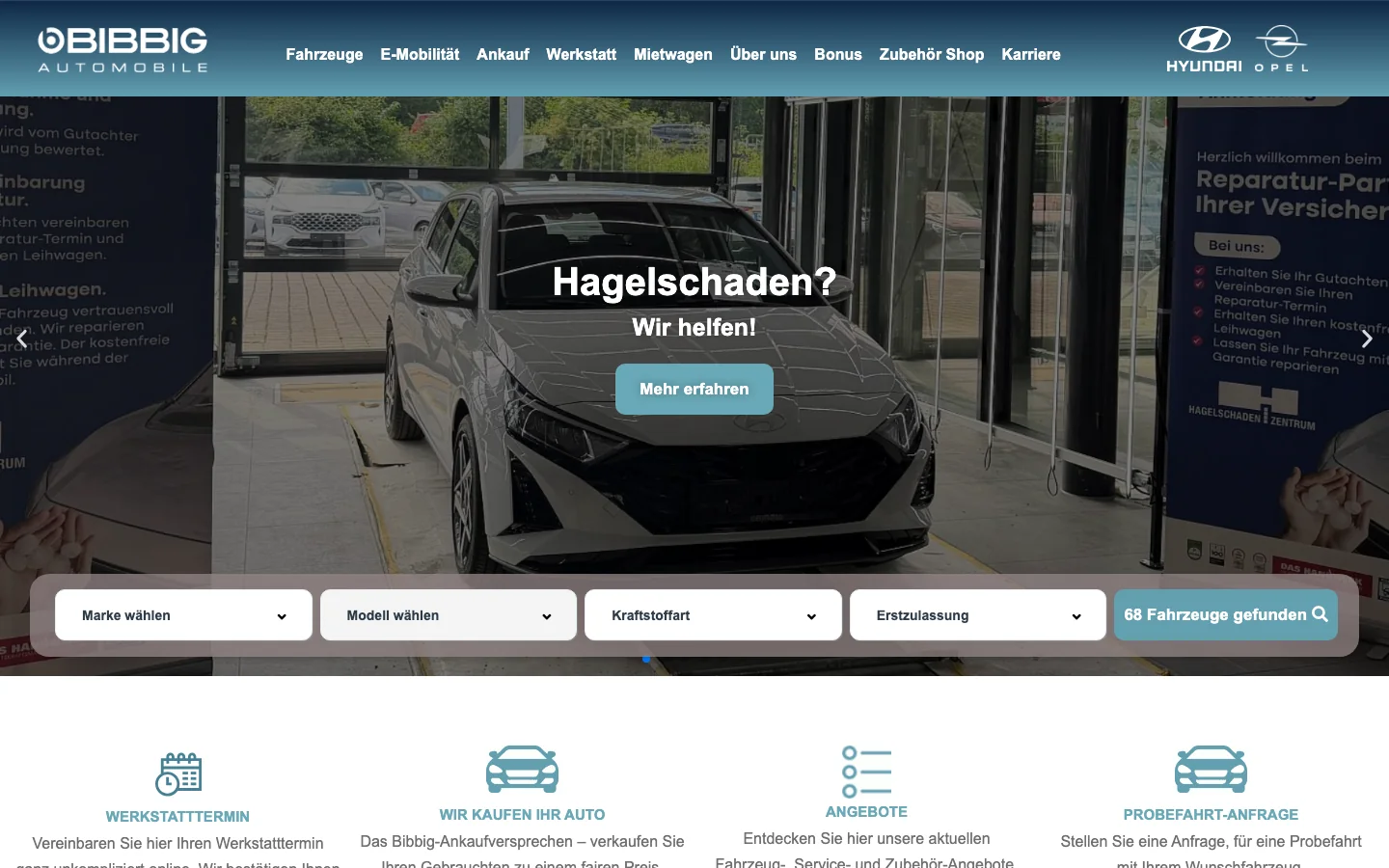 Startseite von Autohaus Bibbig in Vellmar mit Hyundai- und Opel-Fahrzeugen aus dem synchronisierten Bestand