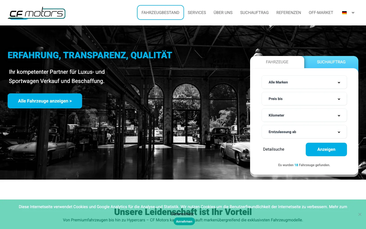 Startseite von CF Motors mit Premiumfahrzeugen und mehrsprachigem Fahrzeugangebot